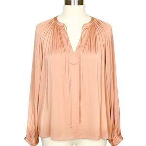South Women Warm Copper Brown Contemporary Peasant Blouse Tie Neck Flowy Boho XS